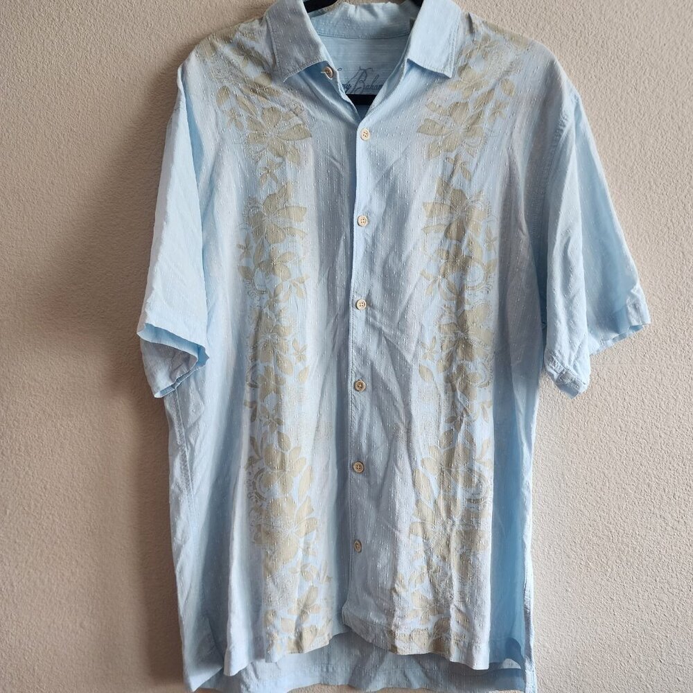 Tommy Bahama Mens Hawaiian Button Down Shirt Shot Sleeve Striped Blue Size L